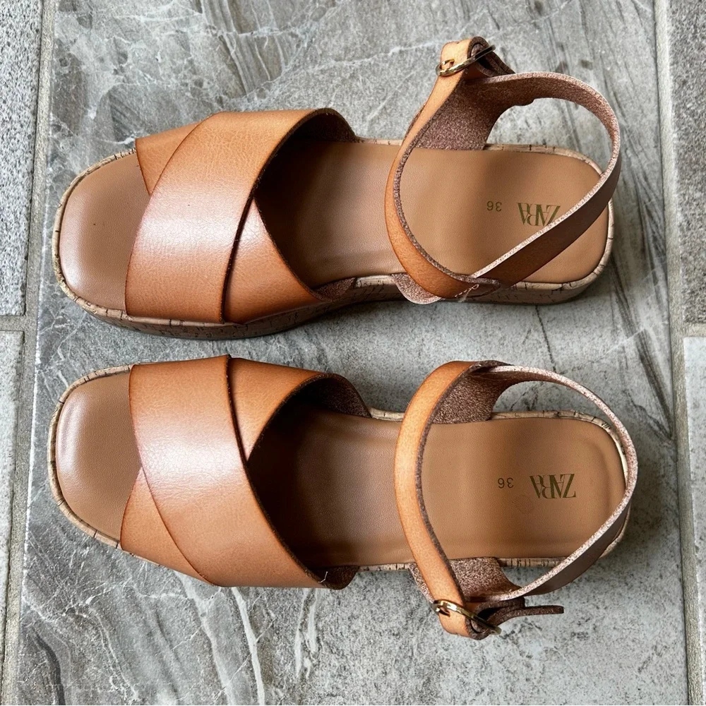 NWOB Zara Girls Brown Criss-Cross Open-Toe Leather Sandals, Size 36 EU/ 4.5 US